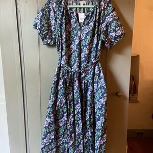 J. Crew Factory Blue and Pink Pleated Puff Sleeve Maxi Dress